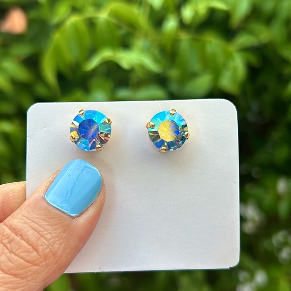 Iridescent Blue + Gold Crystal Earrings - Picture 8 of 16